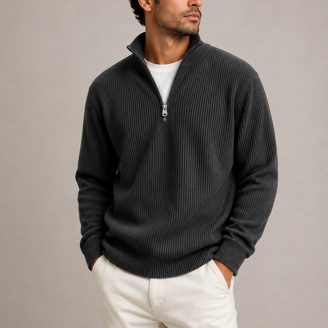 Men's Ribbed Knit Quarter-Zip Sweater Smart Casual Layering Stylish Everyday