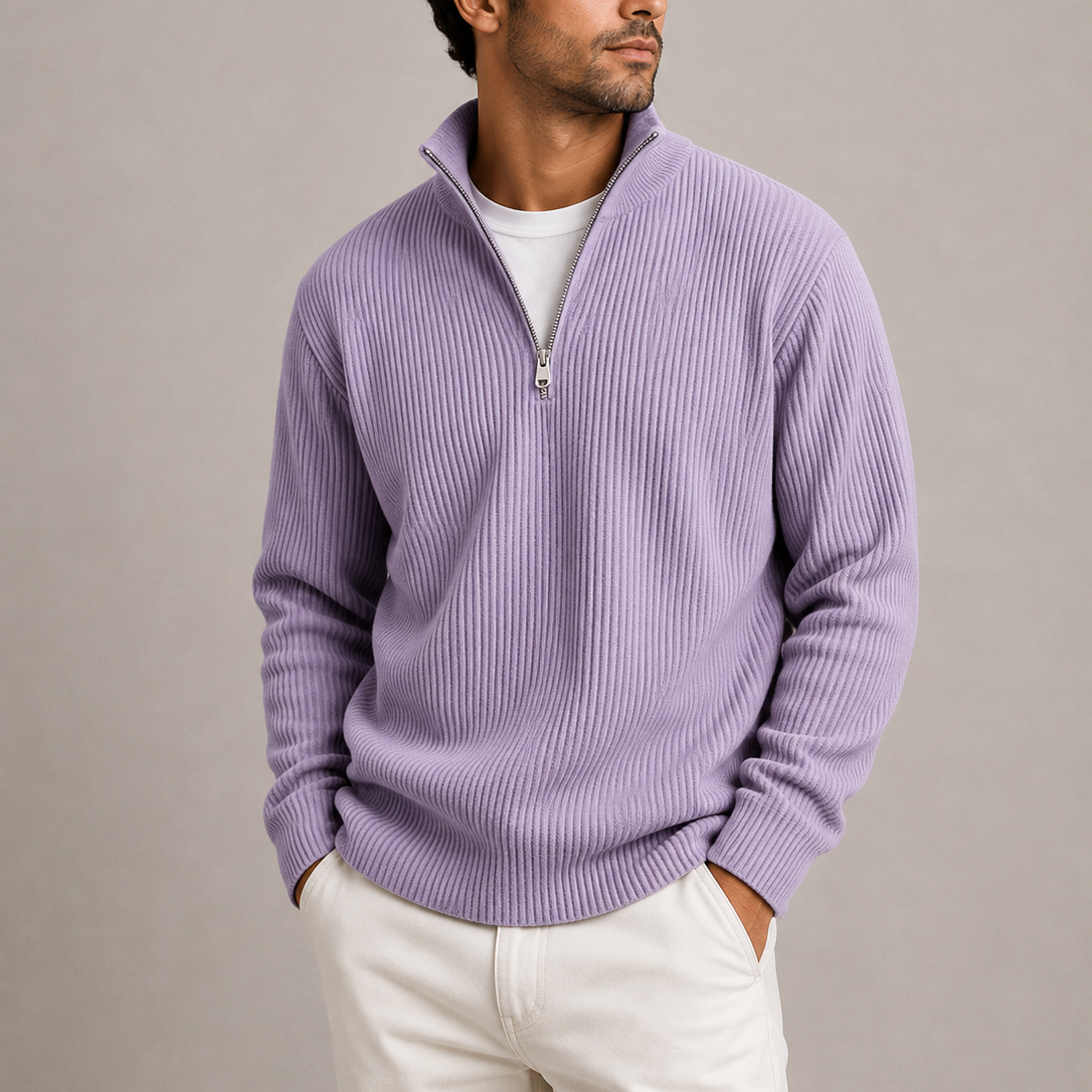 Men's Ribbed Knit Quarter-Zip Sweater Smart Casual Layering Stylish Everyday
