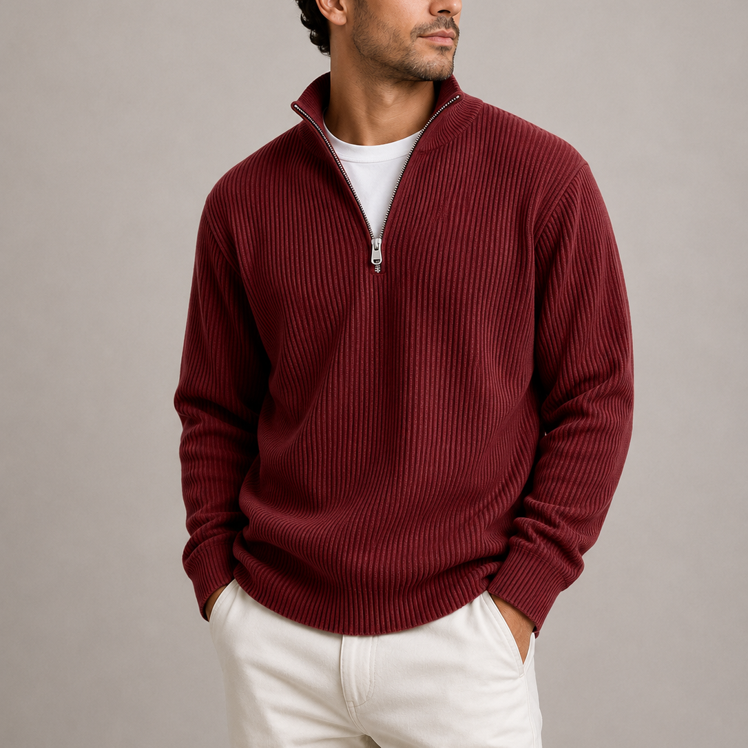 Men's Ribbed Knit Quarter-Zip Sweater Smart Casual Layering Stylish Everyday