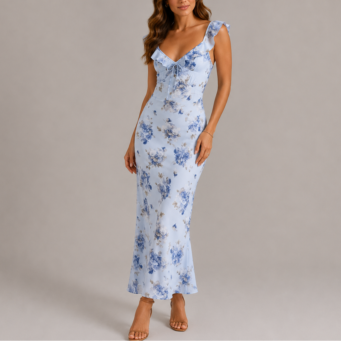 Women's Floral Maxi Dress Ruffle Strap Sleeveless Summer Occasion Elegant