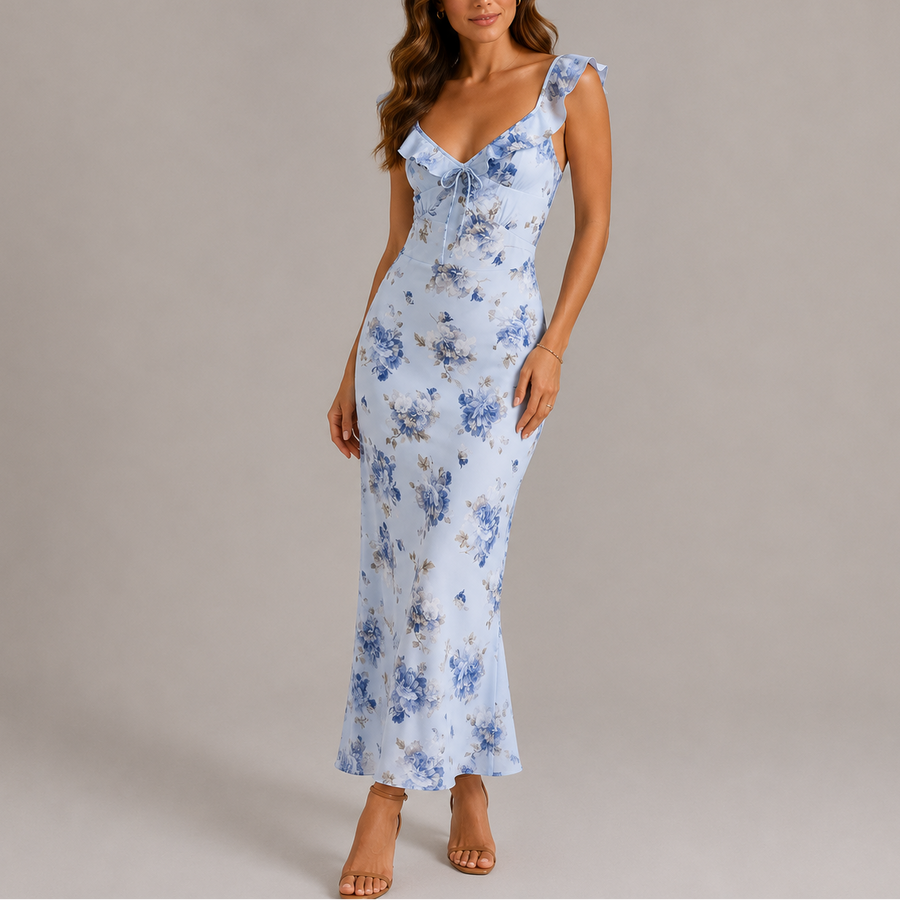 Women's Floral Maxi Dress Ruffle Strap Sleeveless Summer Occasion Elegant