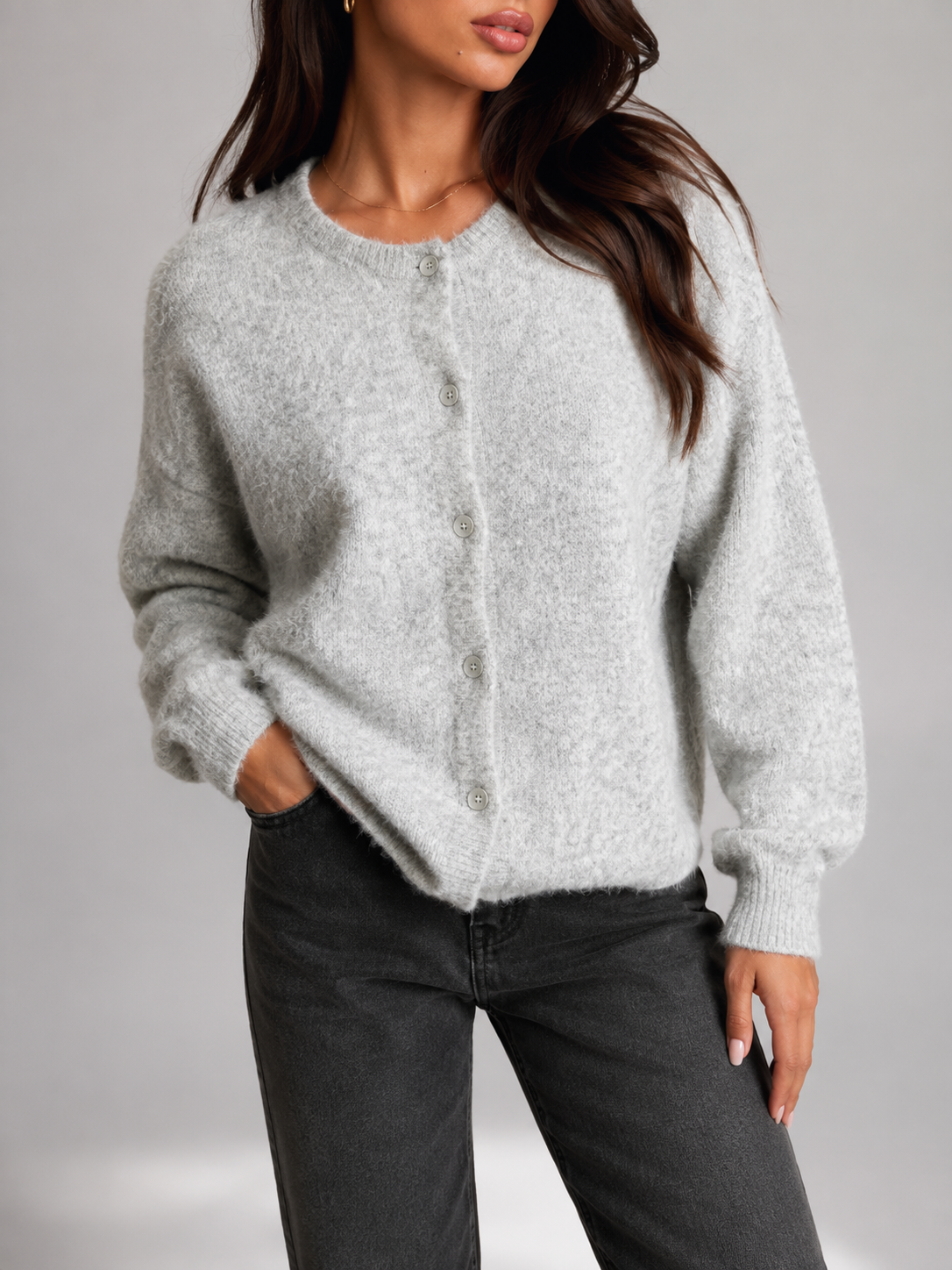 Women's Fuzzy Knit Cardigan Long Sleeve Button Closure Casual Autumn Wear