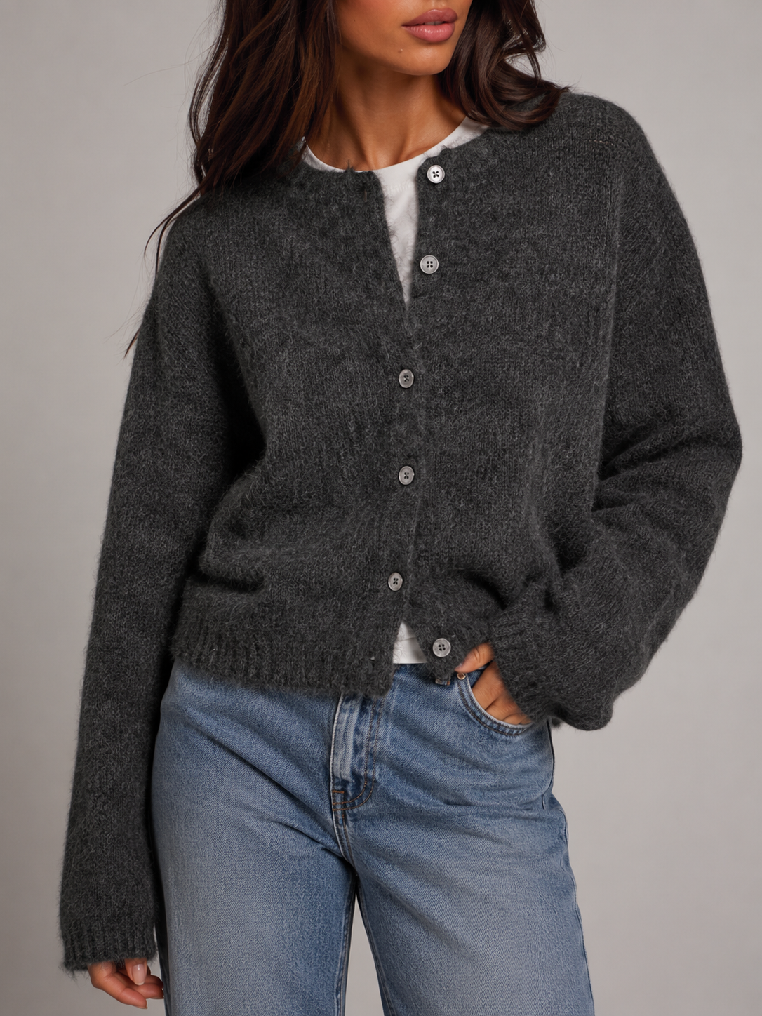 Women's Fuzzy Knit Cardigan Long Sleeve Button Closure Casual Autumn Wear