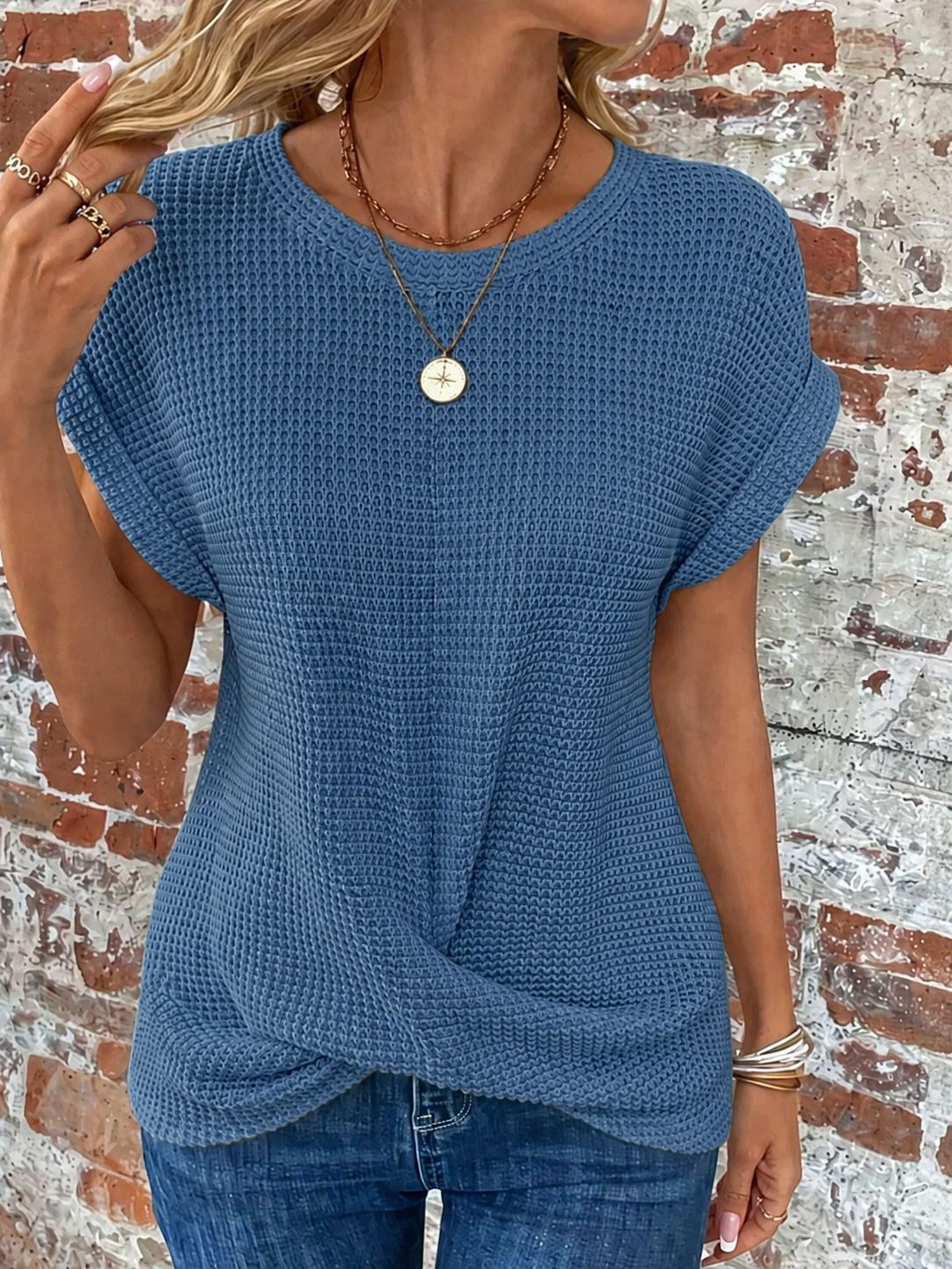 Women's Casual Waffle Knit Tee Short Sleeve Relaxed Fit Everyday Wear