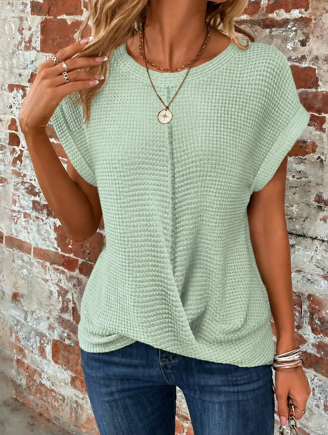 Women's Casual Waffle Knit Tee Short Sleeve Relaxed Fit Everyday Wear