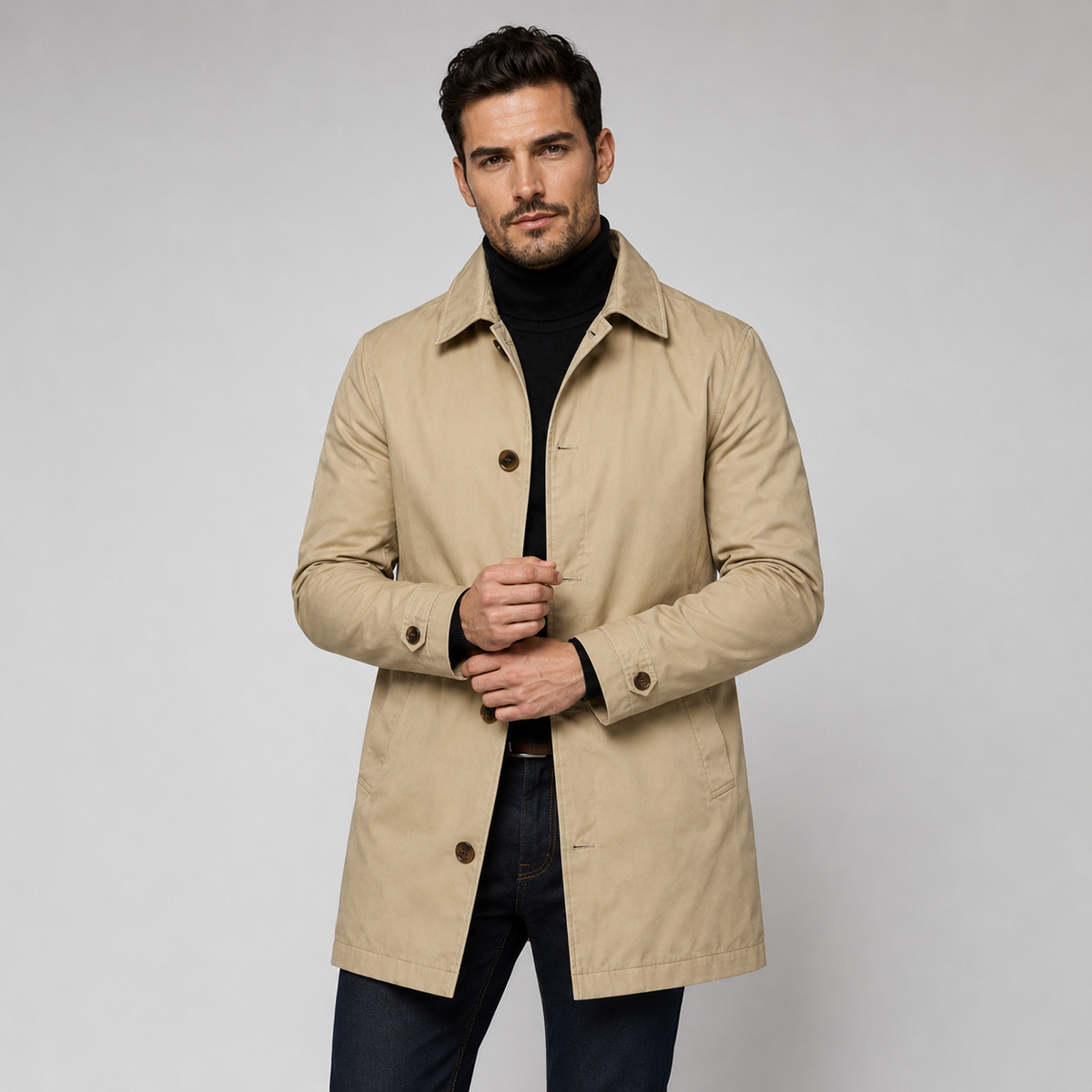 Men's Tailored Longline Coat Button Front Classic Fit Formal Outerwear