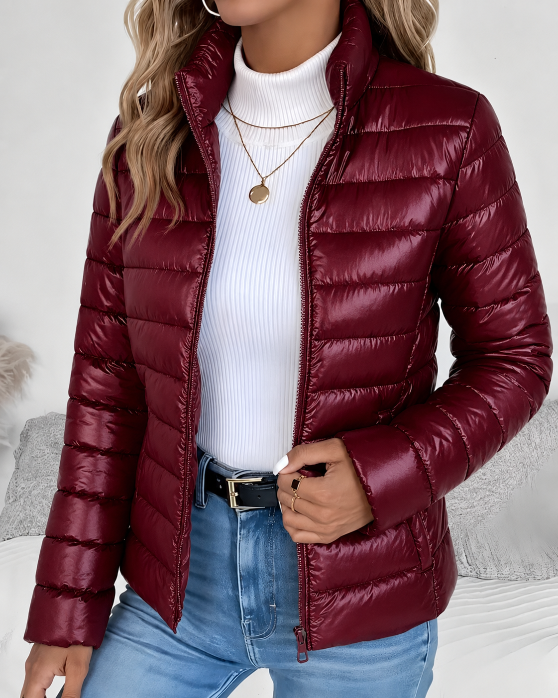 Women's Puffer Jacket — Stand Collar, Zip Front, Quilted, Casual Everyday Outerwear