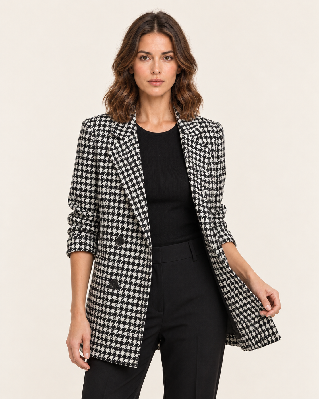 Women's Longline Double Breasted Wool Blend Check Blazer in White
