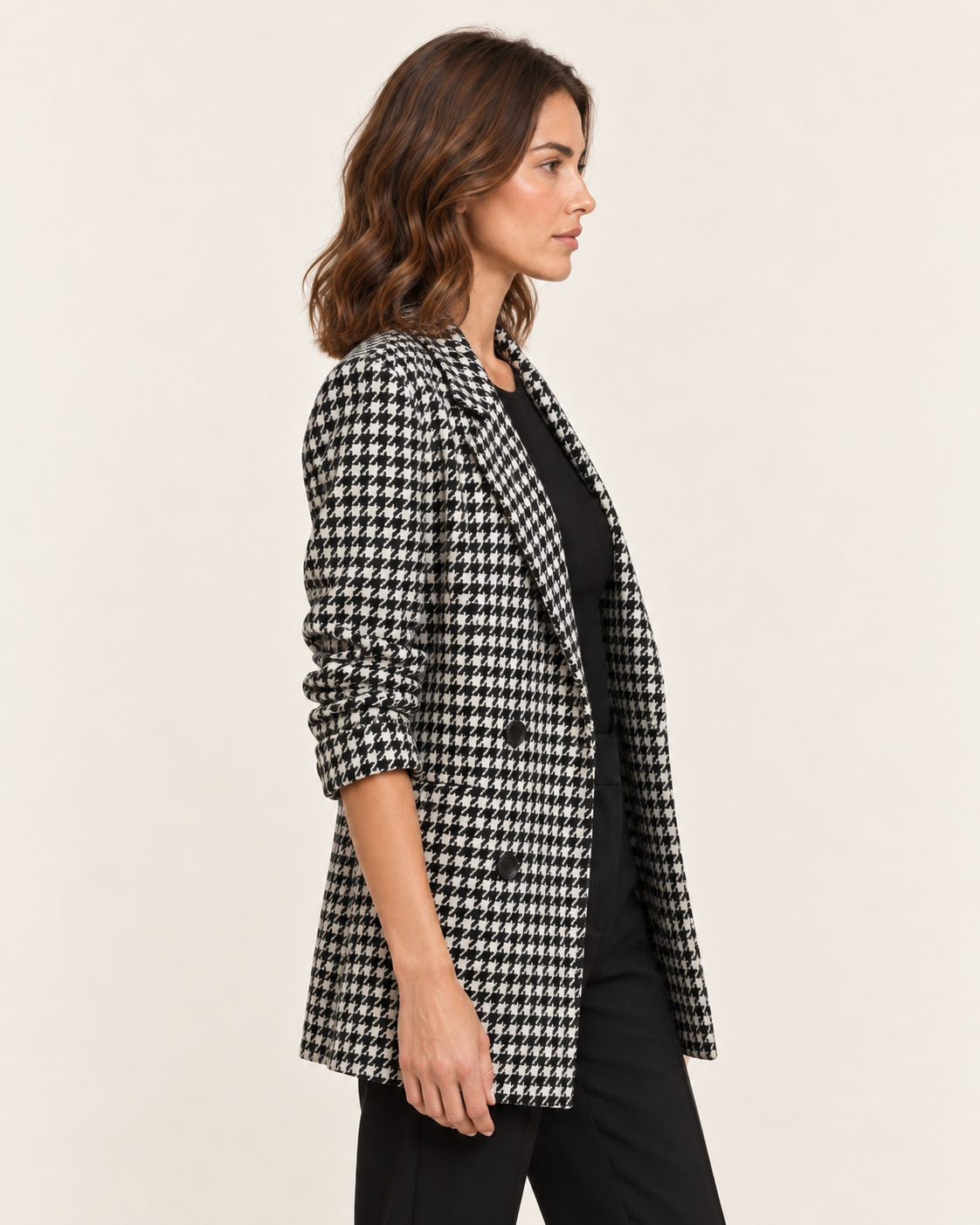 Women's Longline Double Breasted Wool Blend Check Blazer in White, side view