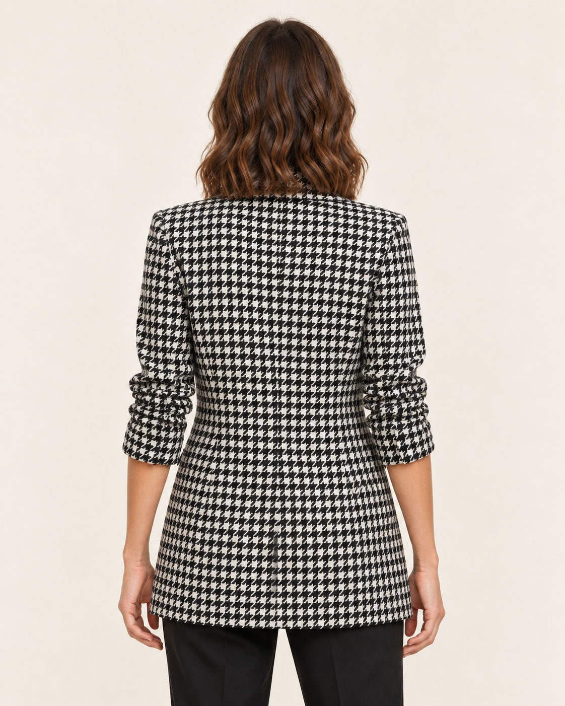 Women's Longline Double Breasted Wool Blend Check Blazer in White, back view