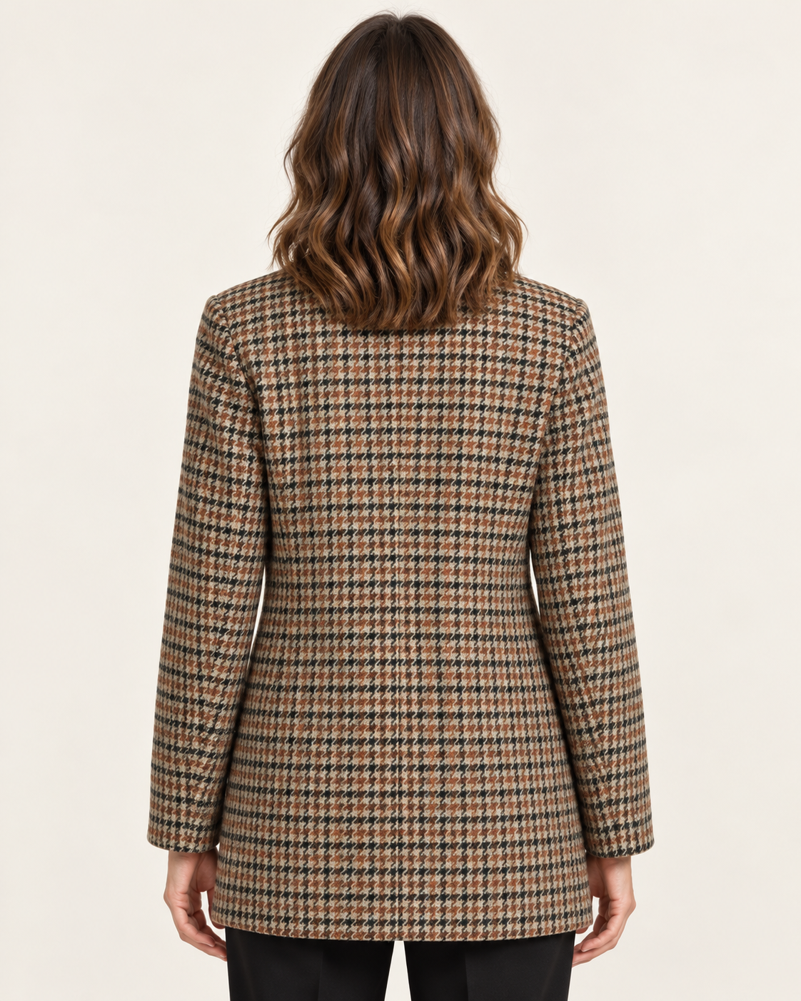 Women's Longline Double Breasted Wool Blend Check Blazer in Brown, back view