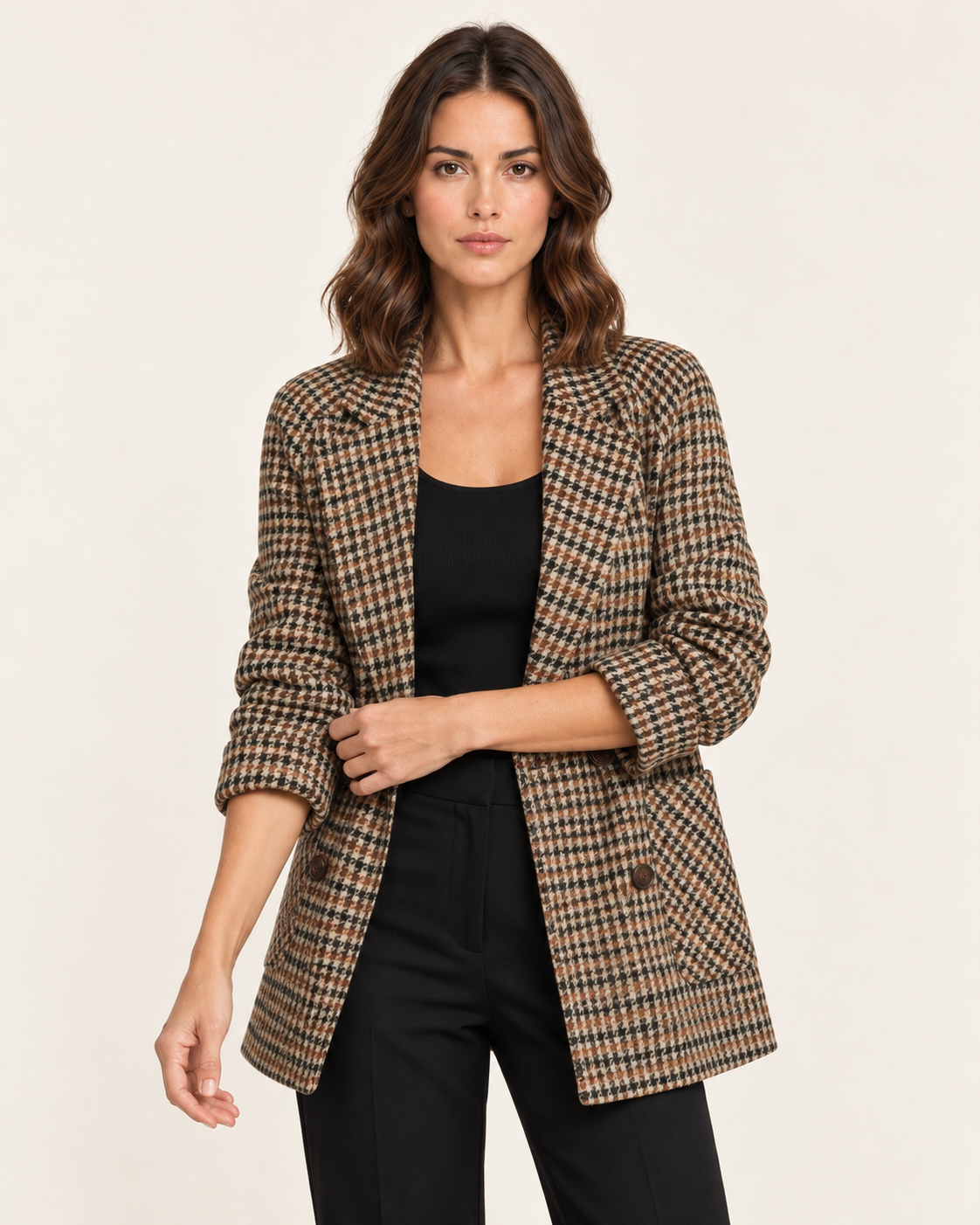 Women's Longline Double Breasted Wool Blend Check Blazer in Brown