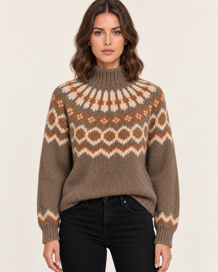 Women's Chunky Fair Isle Jumper with Funnel Neck in Brown