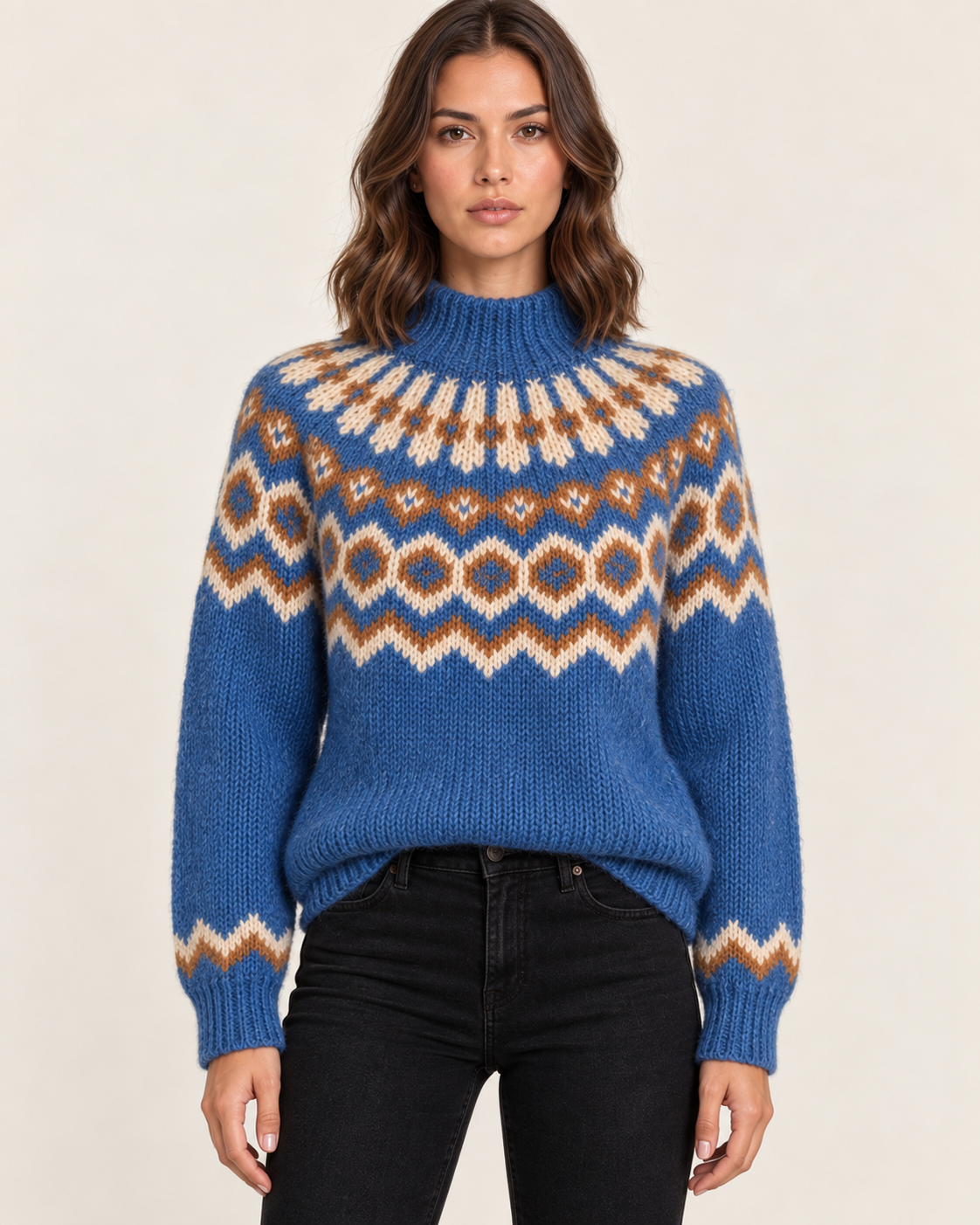 Women's Chunky Fair Isle Jumper with Funnel Neck in Light Blue