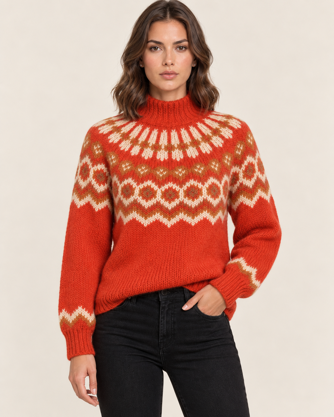 Women's Chunky Fair Isle Jumper with Funnel Neck in Red