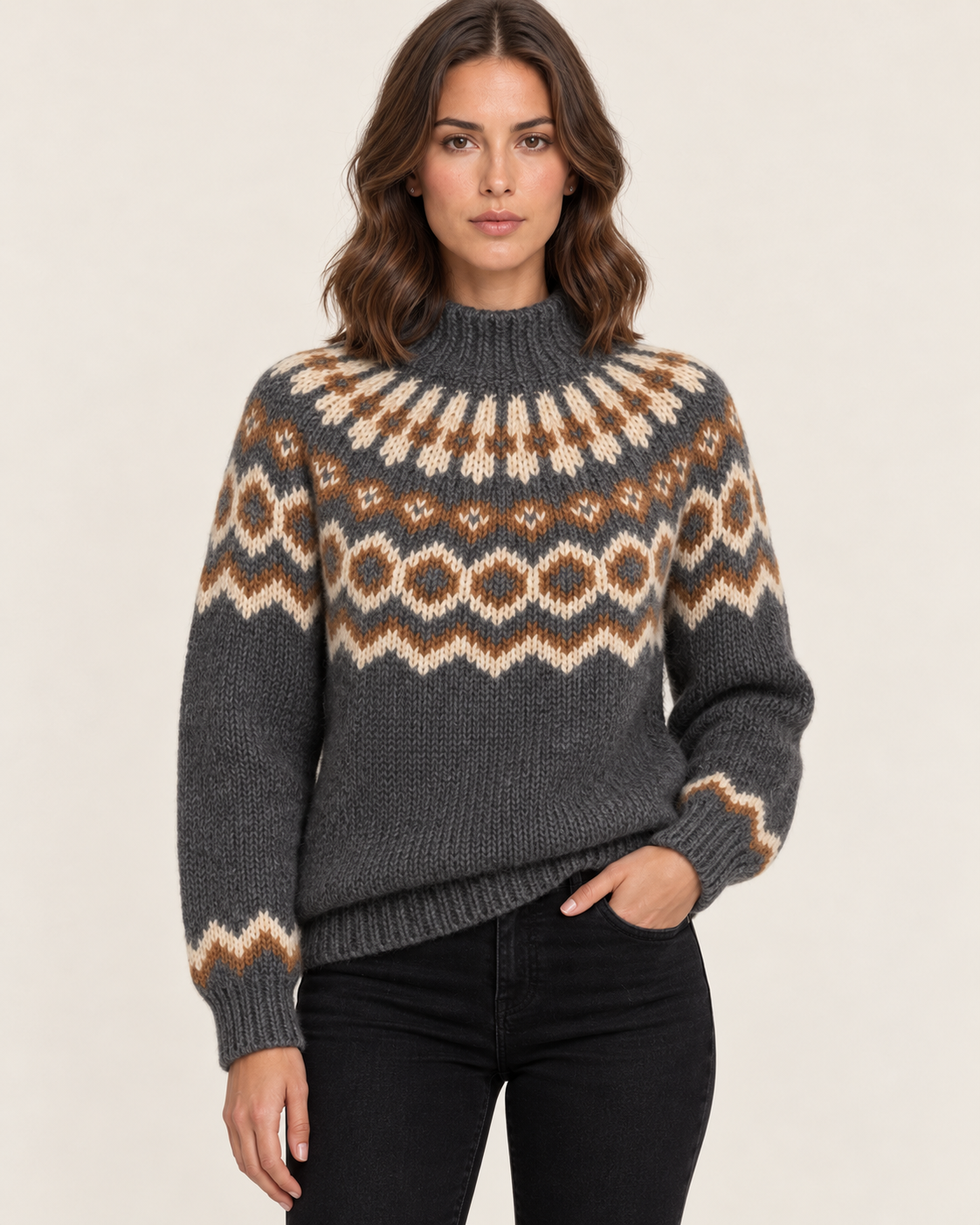 Women's Chunky Fair Isle Jumper with Funnel Neck in Grey
