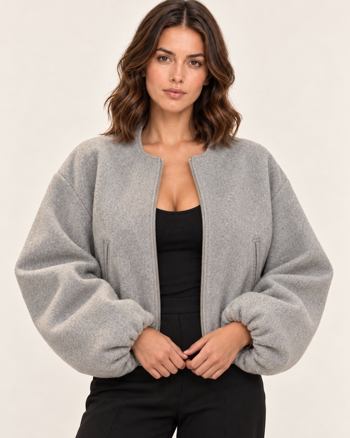Women's Cropped Fleece Bomber Jacket with Balloon Sleeves in Grey