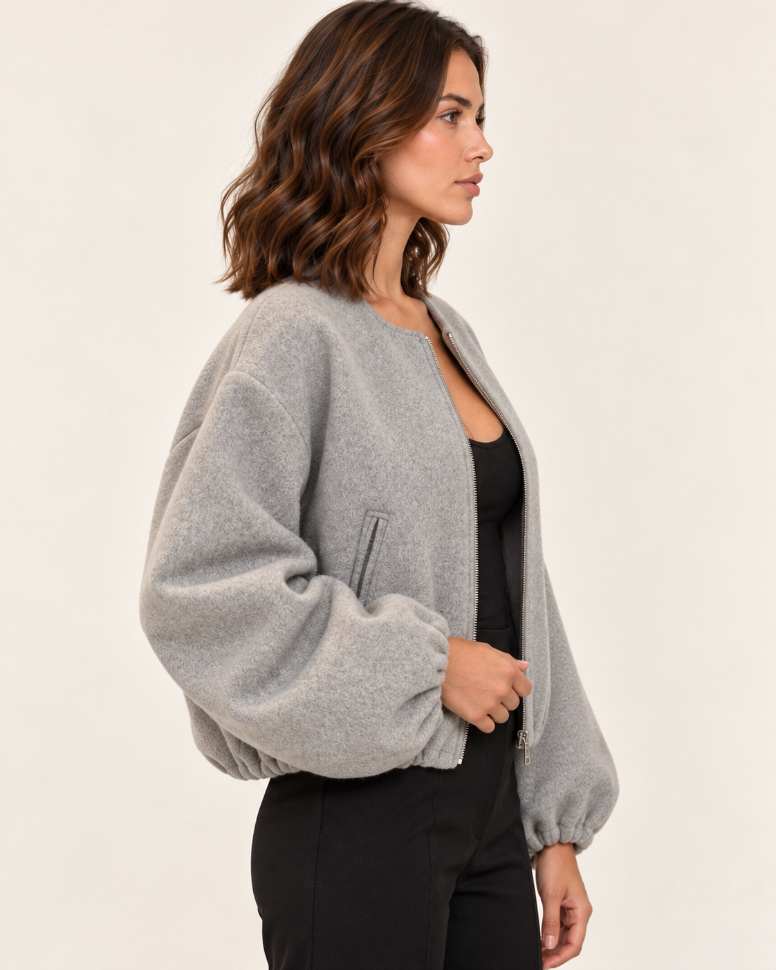 Women's Cropped Fleece Bomber Jacket with Balloon Sleeves in Grey, side view