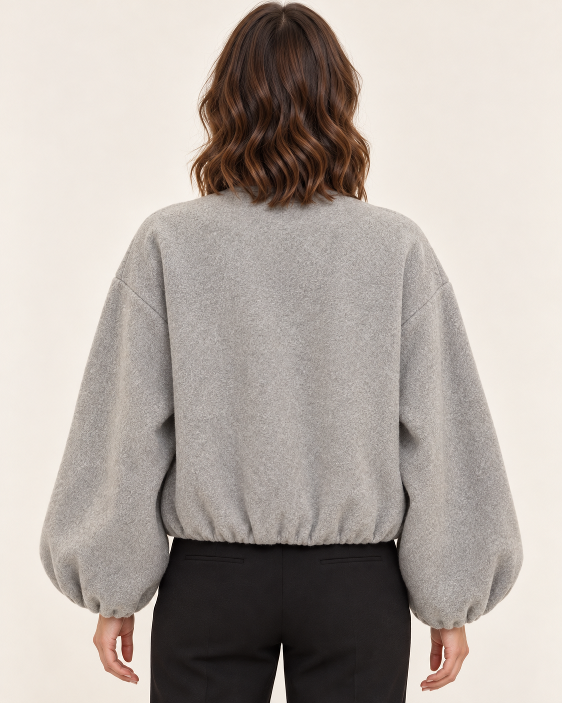 Women's Cropped Fleece Bomber Jacket with Balloon Sleeves in Grey, back view