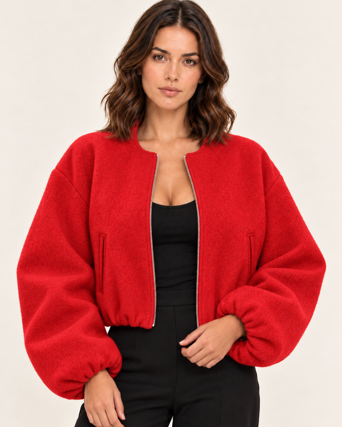 Women's Cropped Fleece Bomber Jacket with Balloon Sleeves in Red
