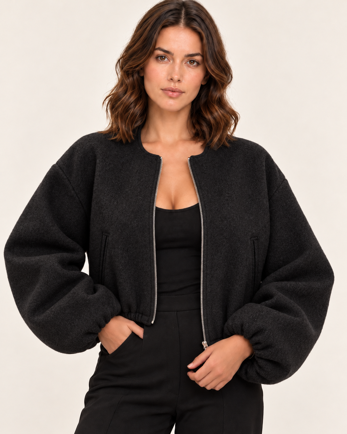 Women's Cropped Fleece Bomber Jacket with Balloon Sleeves in Black