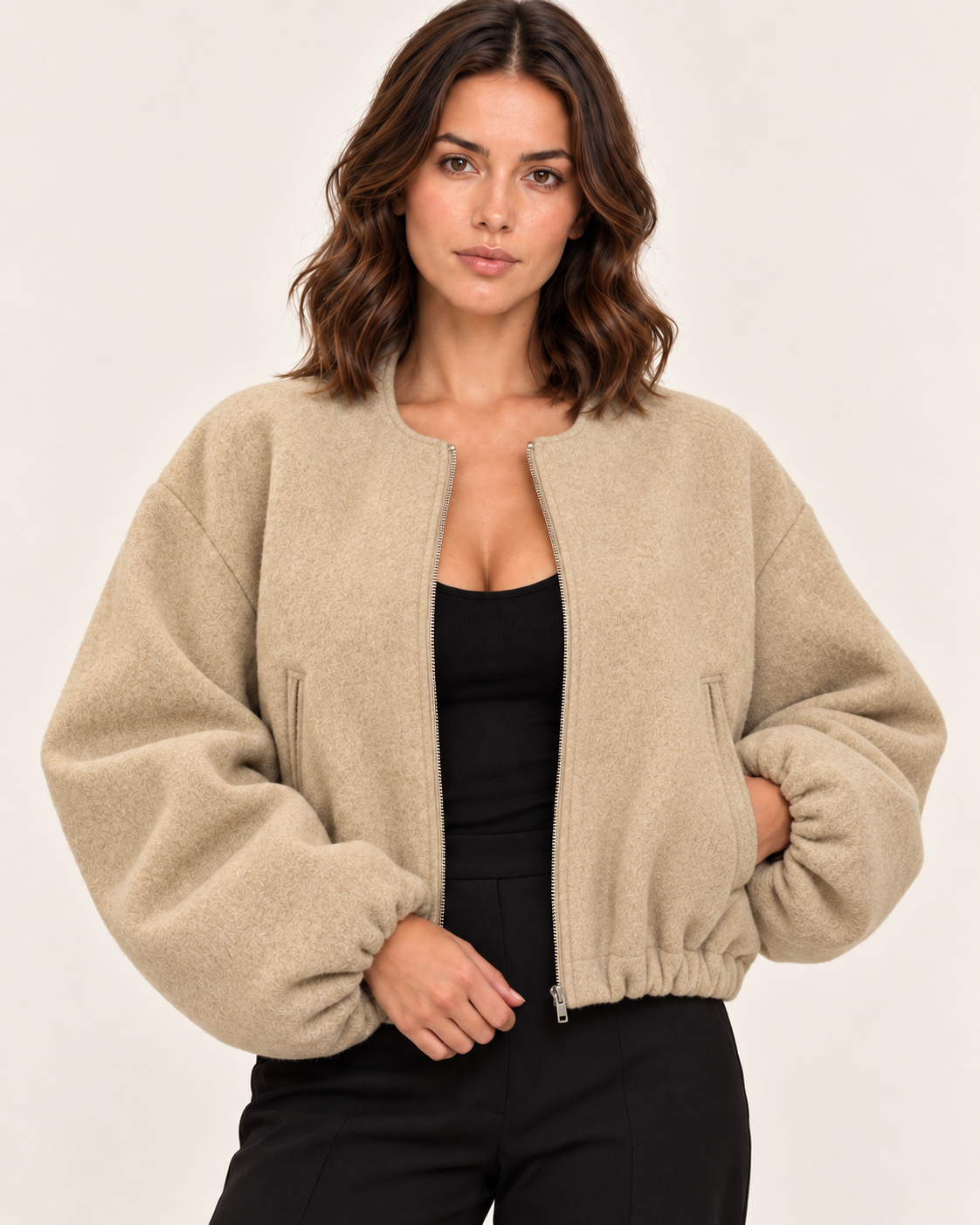 Women's Cropped Fleece Bomber Jacket with Balloon Sleeves in Beige