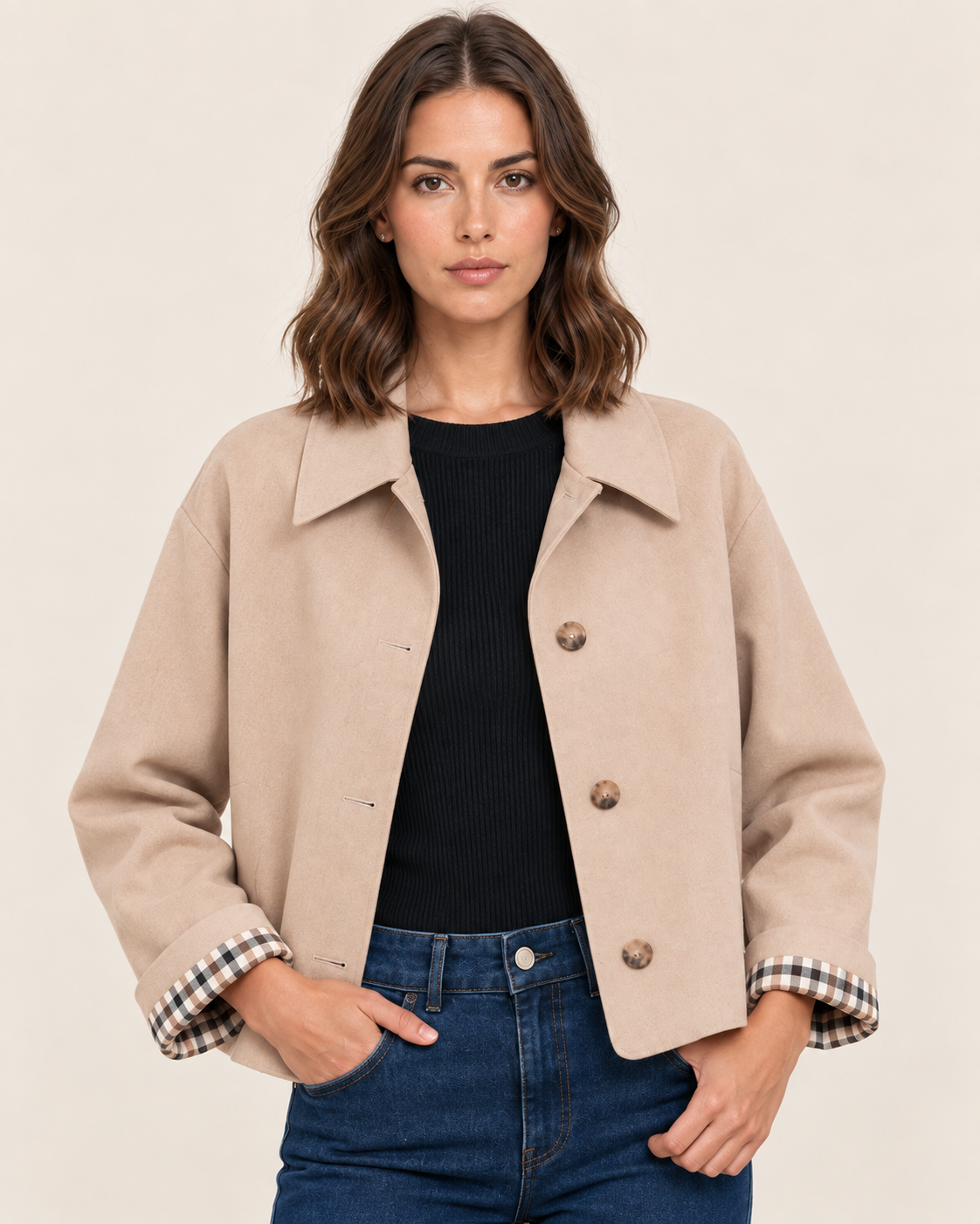 Women's Cropped Trench Jacket with Check Cuff Lining in Beige
