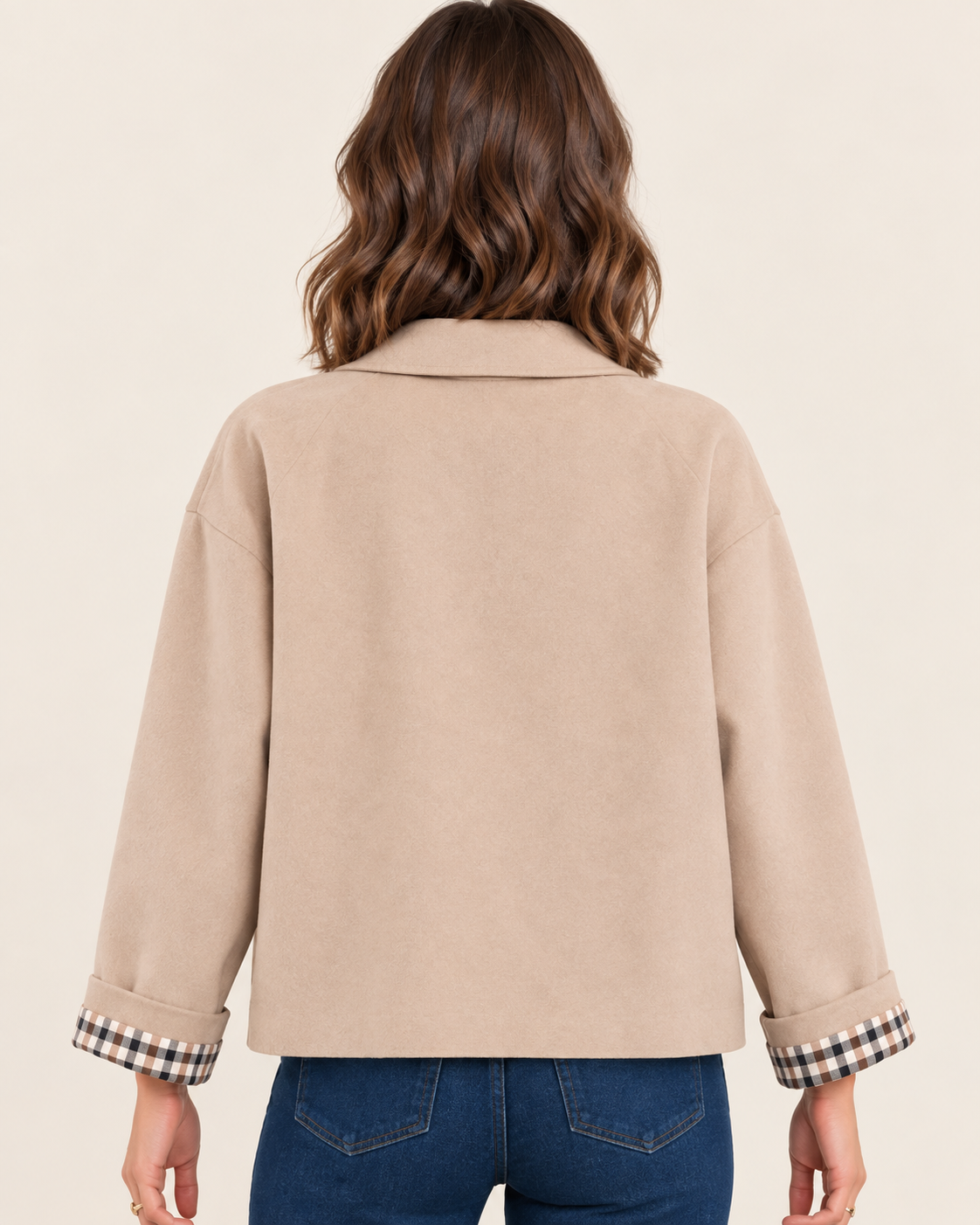 Women's Cropped Trench Jacket with Check Cuff Lining