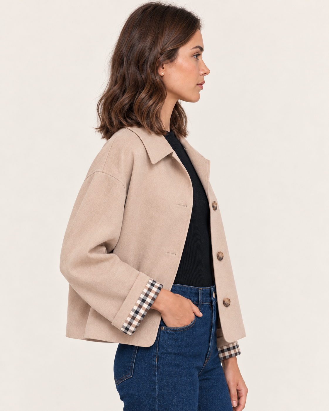 Women's Cropped Trench Jacket with Check Cuff Lining