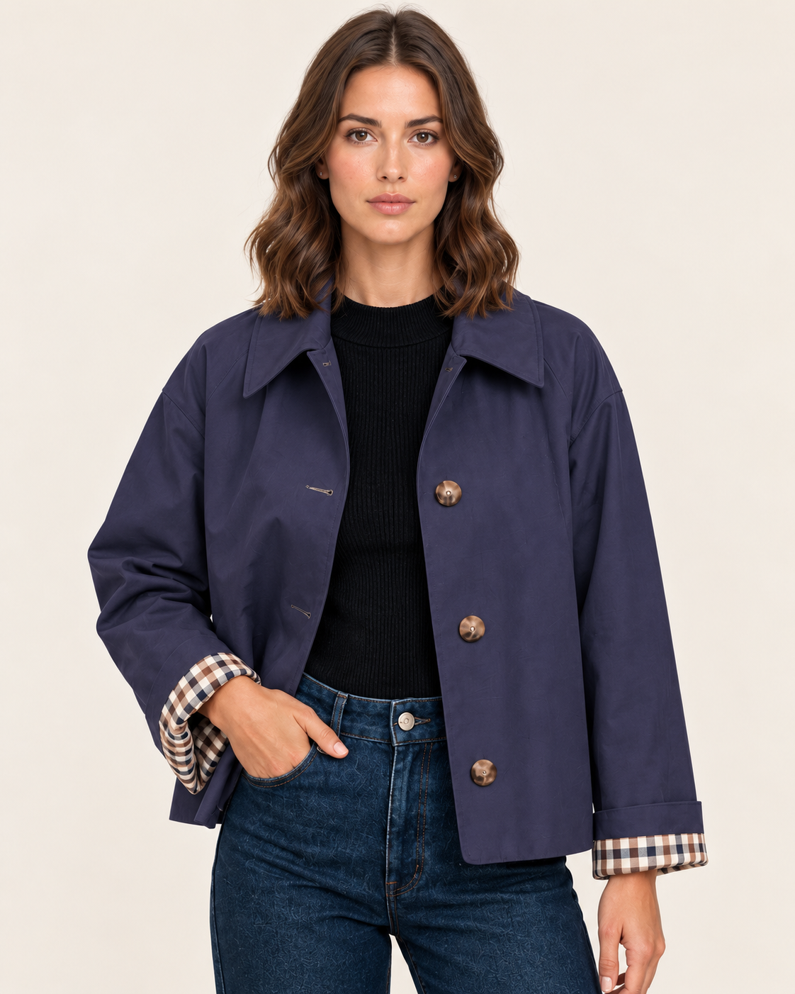 Women's Cropped Trench Jacket with Check Cuff Lining in Navy