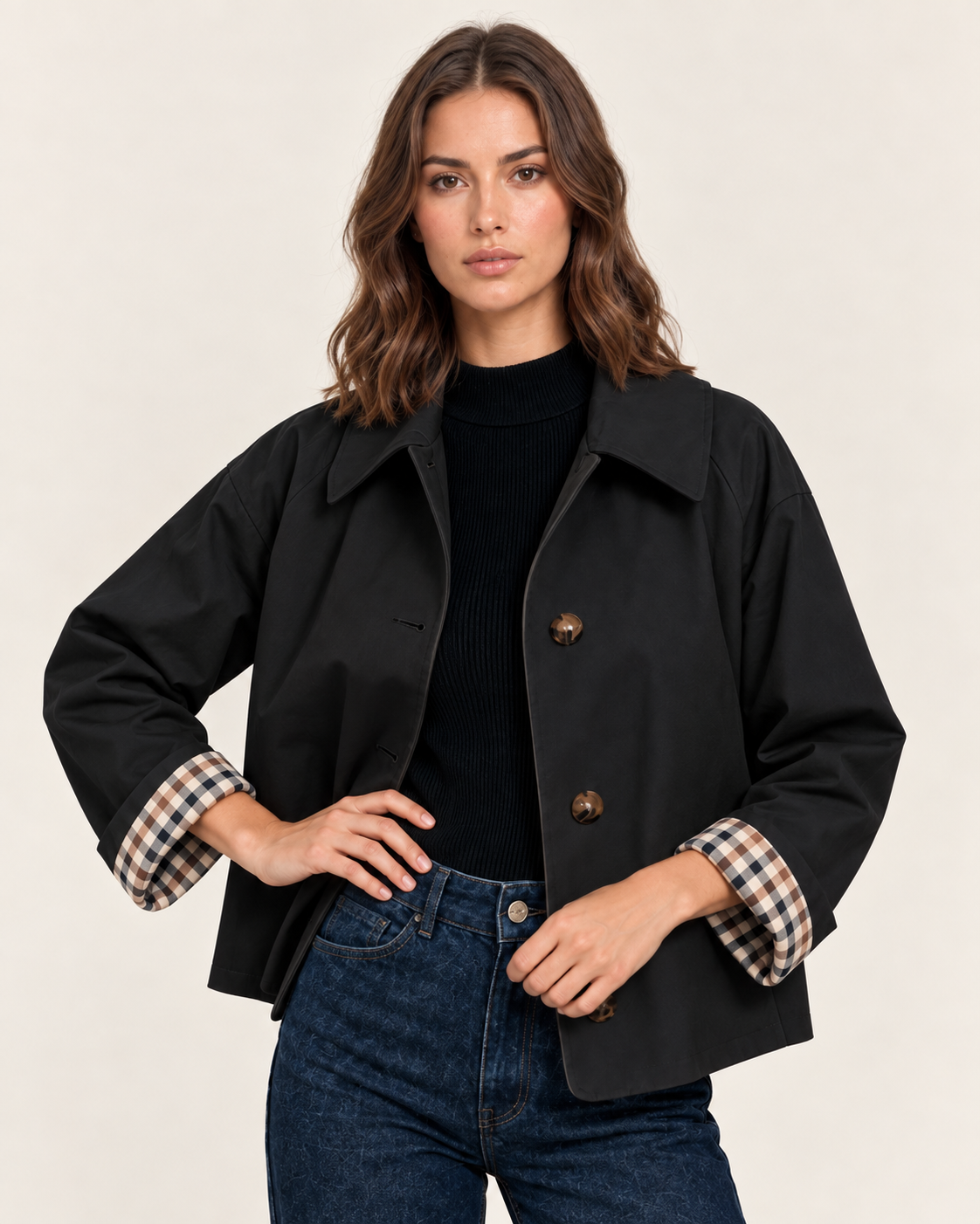 Women's Cropped Trench Jacket with Check Cuff Lining in Black