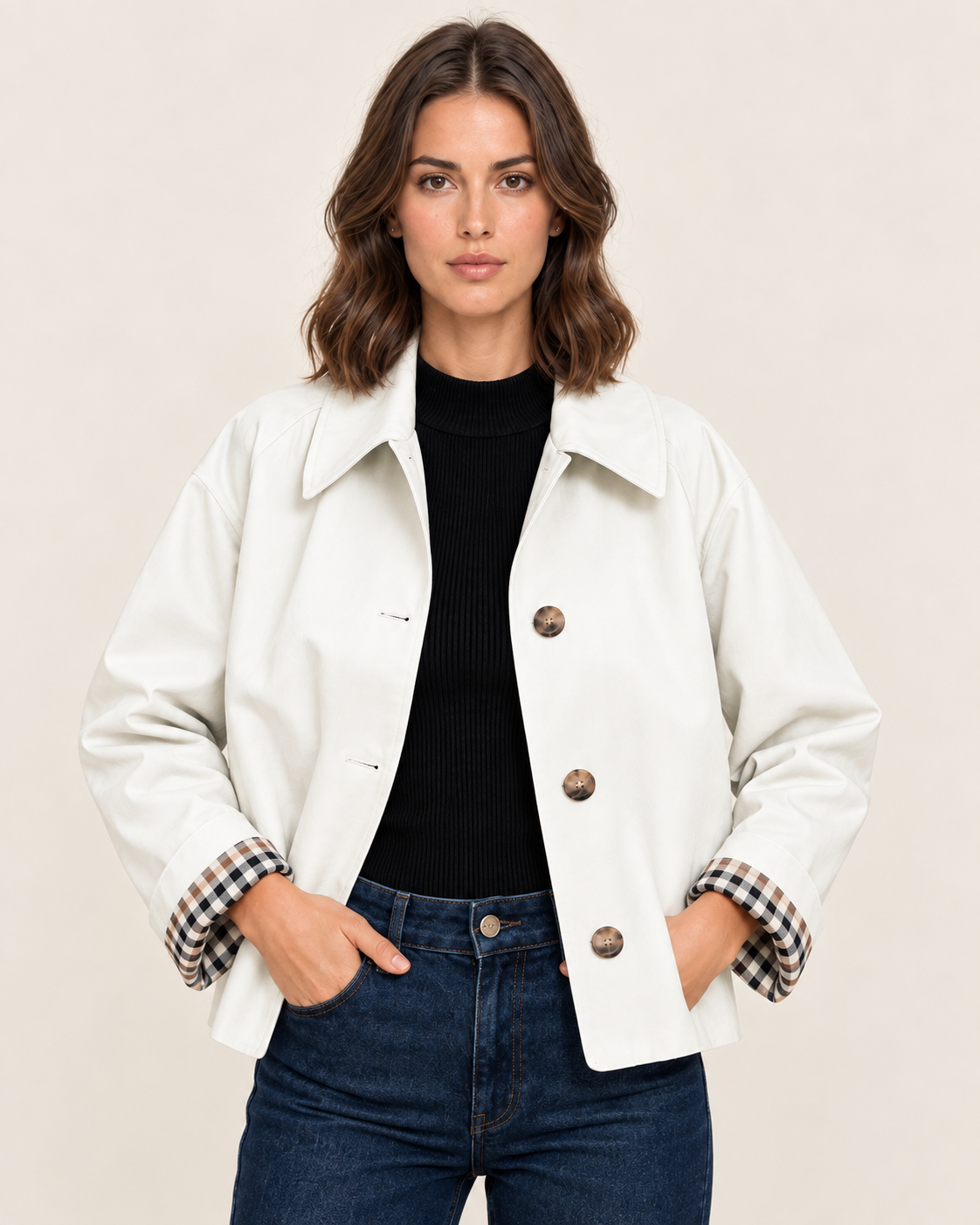 Women's Cropped Trench Jacket with Check Cuff Lining in White