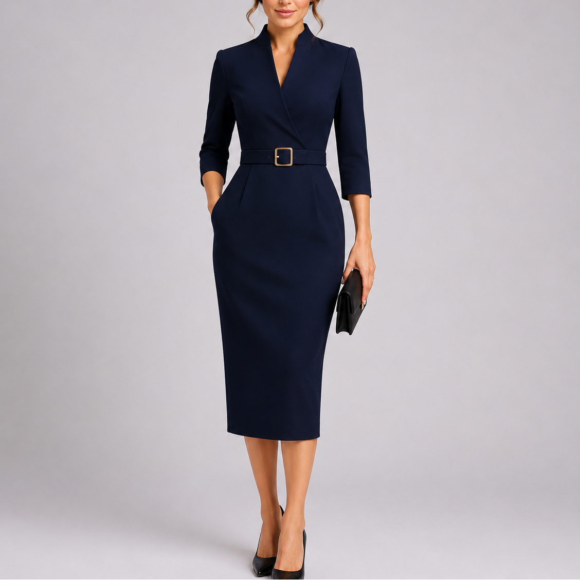 Women's Fitted Midi Dress With Belt Elegant Styling Versatile Occasion Chic