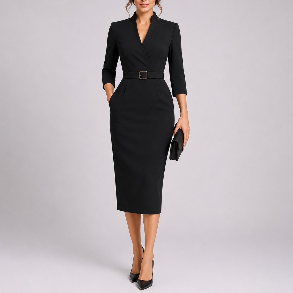 Women's Fitted Midi Dress With Belt Elegant Styling Versatile Occasion Chic