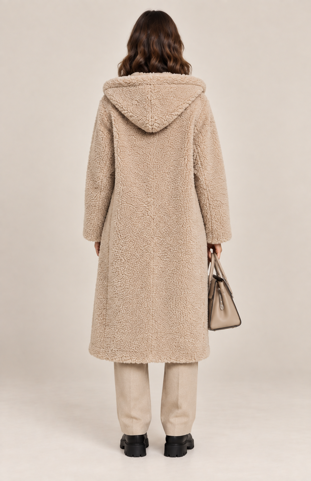 Women's Long Hooded Teddy Coat with Lapel Collar in Beige, back view