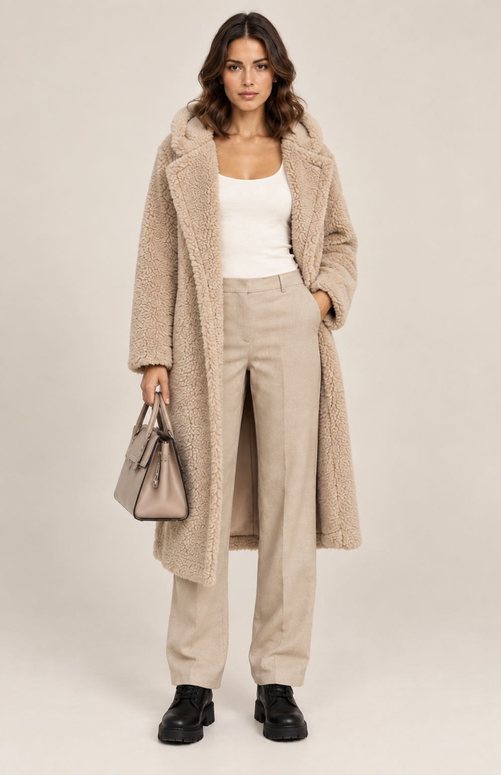 Women's Long Hooded Teddy Coat with Lapel Collar in Beige, full length