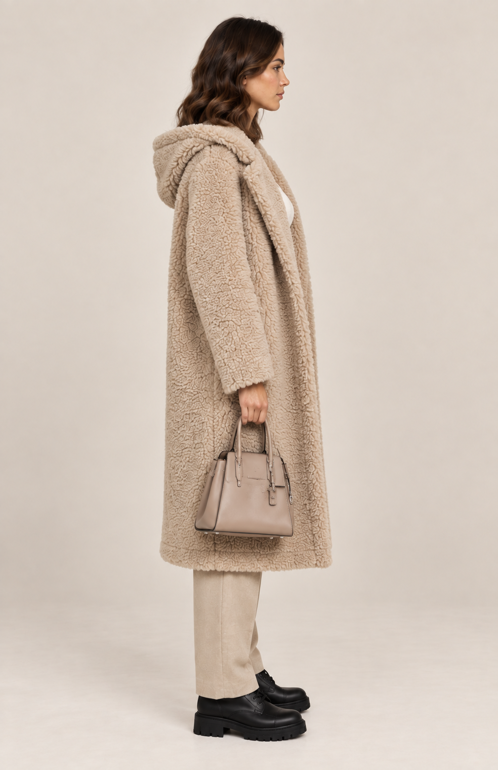 Women's Long Hooded Teddy Coat with Lapel Collar in Beige, side view