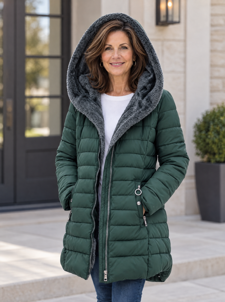 Fleece-Lined Puffer Coat — Warm Padded Winter Jacket with Storm Flap & Zip Front
