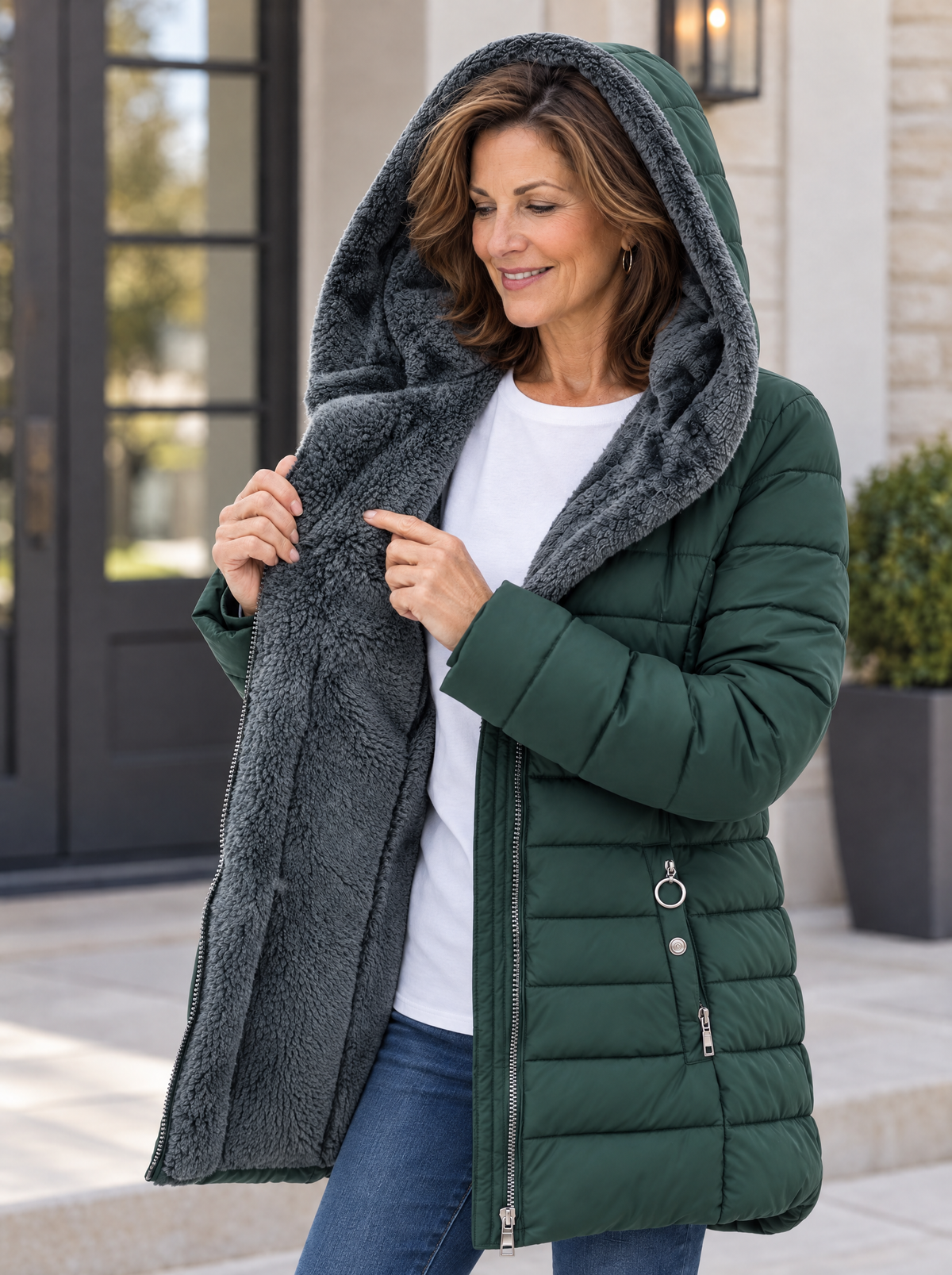 Fleece-Lined Puffer Coat — Warm Padded Winter Jacket with Storm Flap & Zip Front