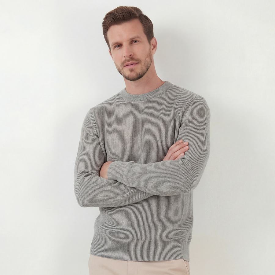 Men's Ribbed Sweater Long-Sleeve Crew Neck Fitted Casual Everyday