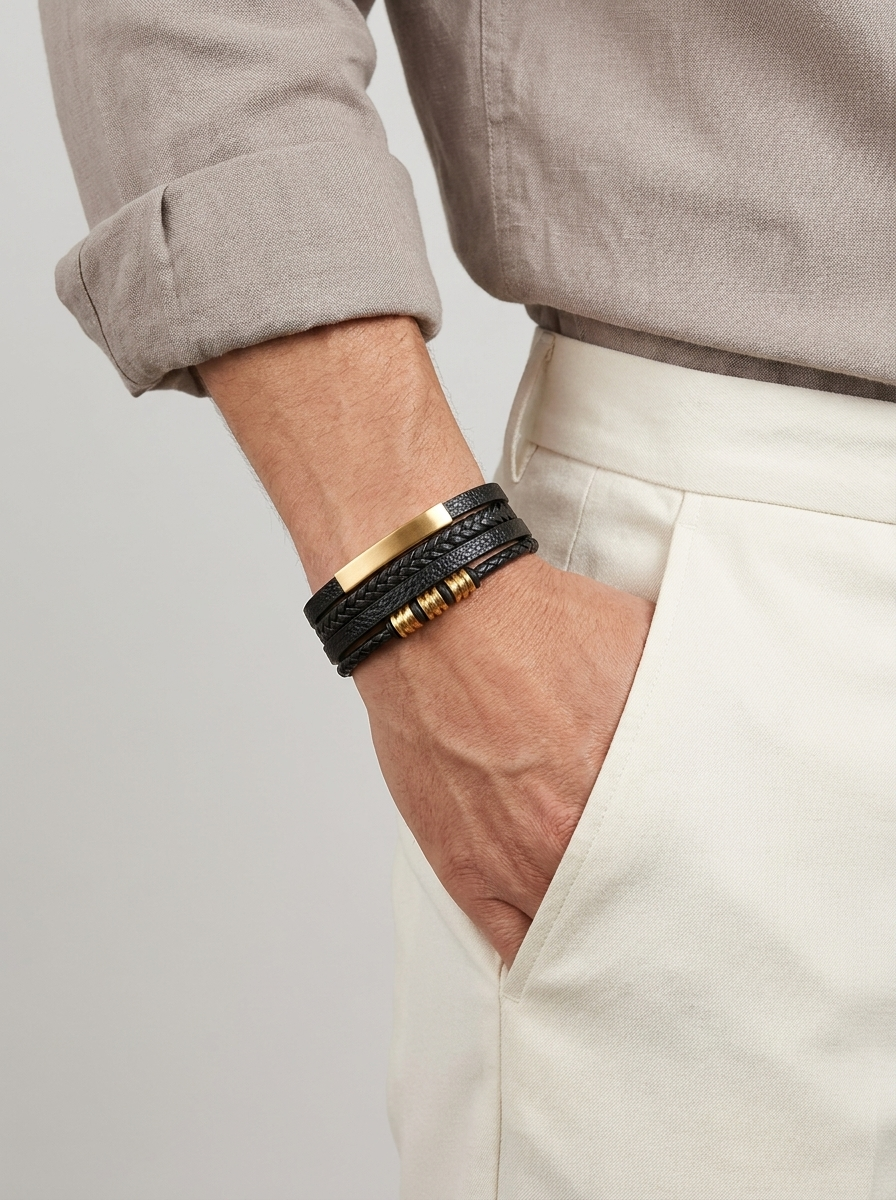 Men's Braided Leather Bracelet Stylish Everyday Accessory Adjustable Casual