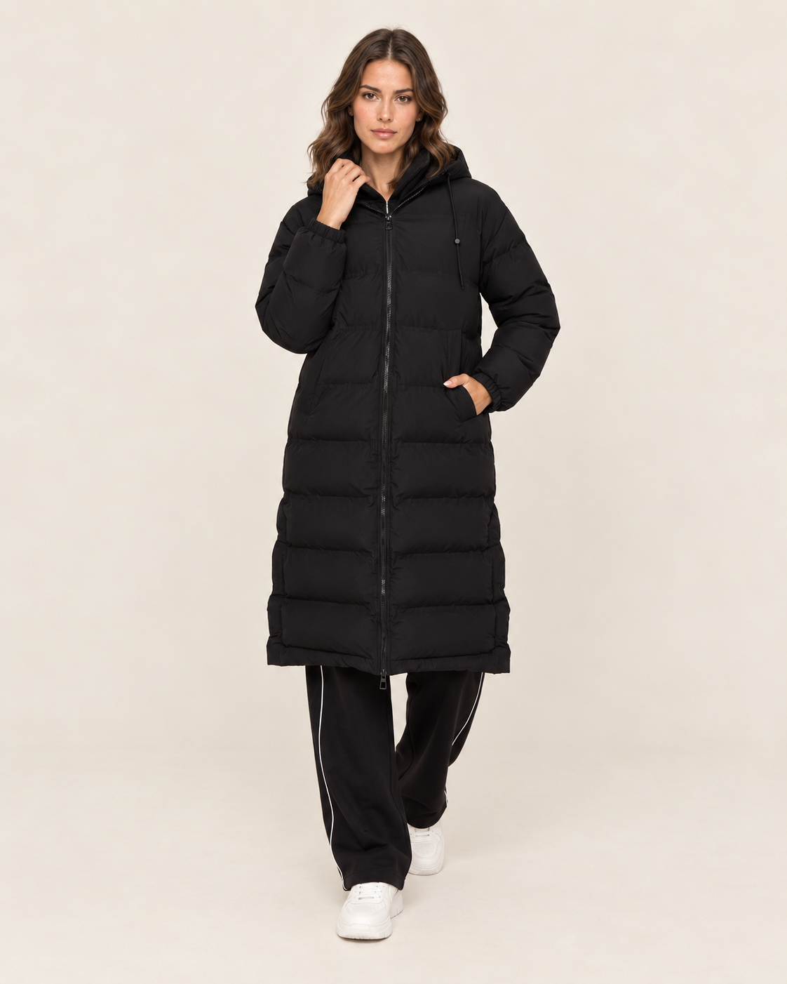 Women's Long Puffer Coat in Black with Hood