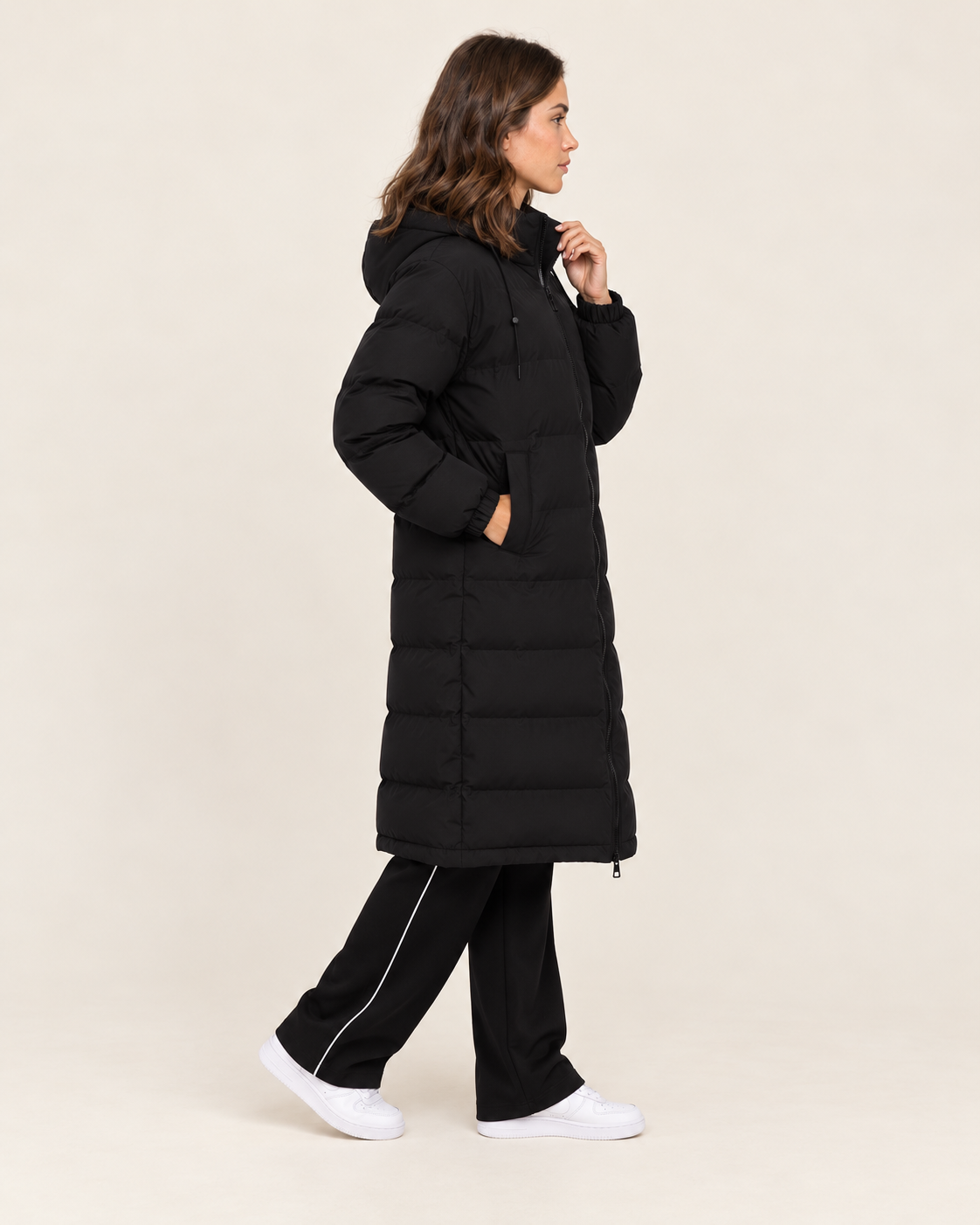Women's Long Puffer Coat in Black with Hood
