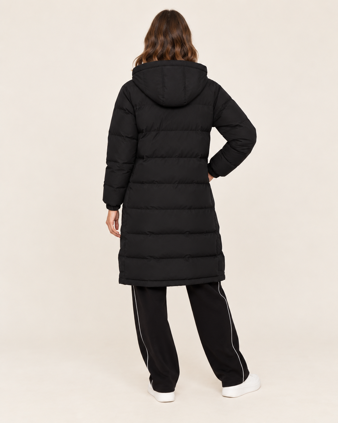 Women's Long Puffer Coat in Black with Hood