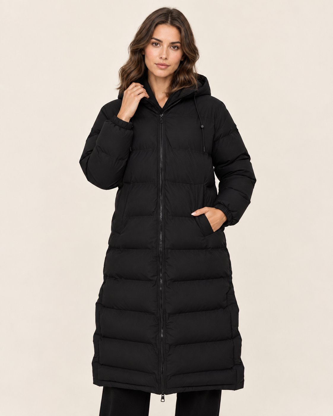 Women's Long Puffer Coat in Black with Hood