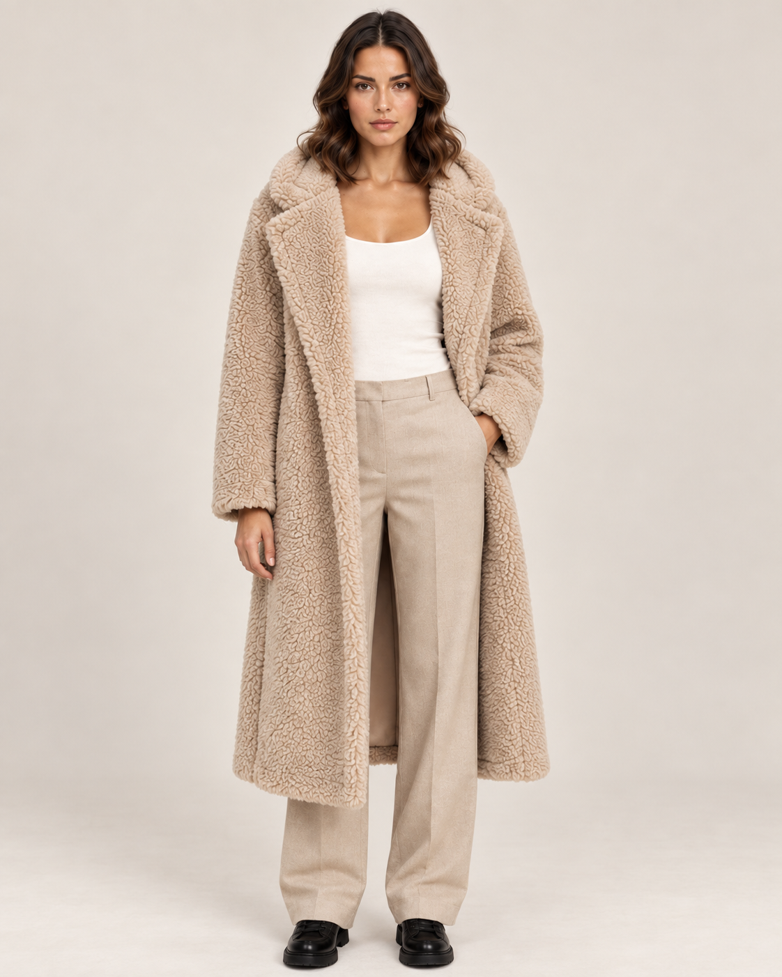 Women's Long Hooded Teddy Coat with Lapel Collar in Beige