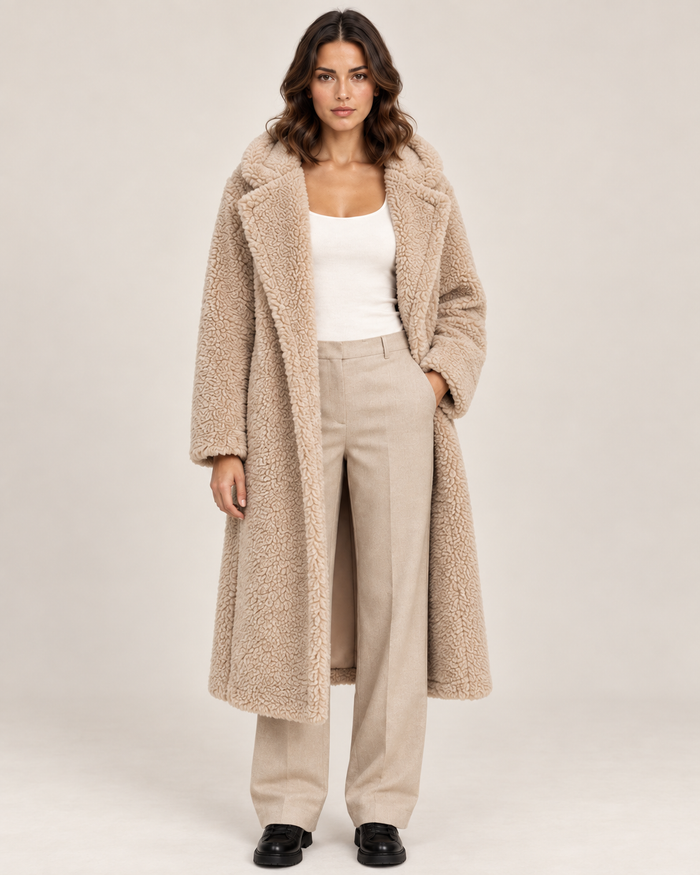 Women's Long Hooded Teddy Coat with Lapel Collar in Beige