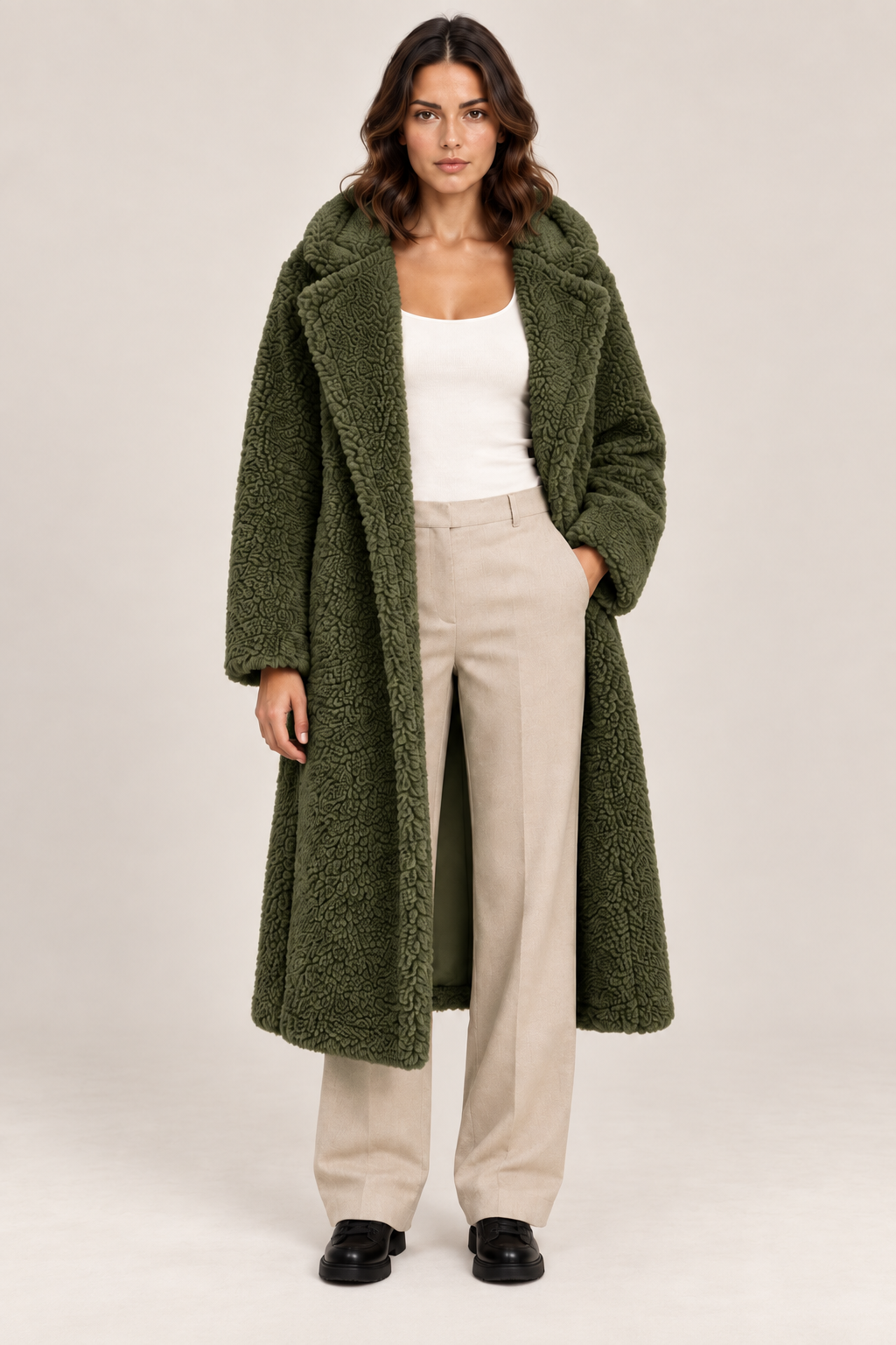 Women's Long Hooded Teddy Coat with Lapel Collar in Green