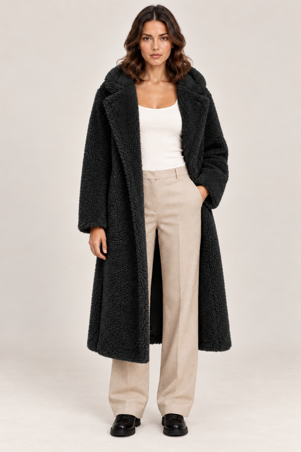 Women's Long Hooded Teddy Coat with Lapel Collar in Black