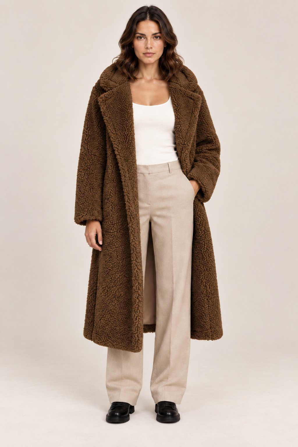 Women's Long Hooded Teddy Coat with Lapel Collar in Brown